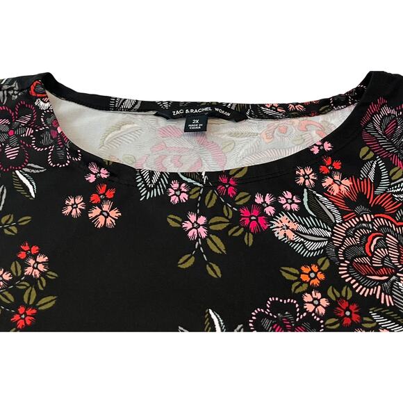 ZAC & RACHEL3/4 SLV PULL-OVER TUNIC BLOUSE, WOMENS, 2X-BLACK & MULTICOLOR FLORAL - Picture 2 of 10